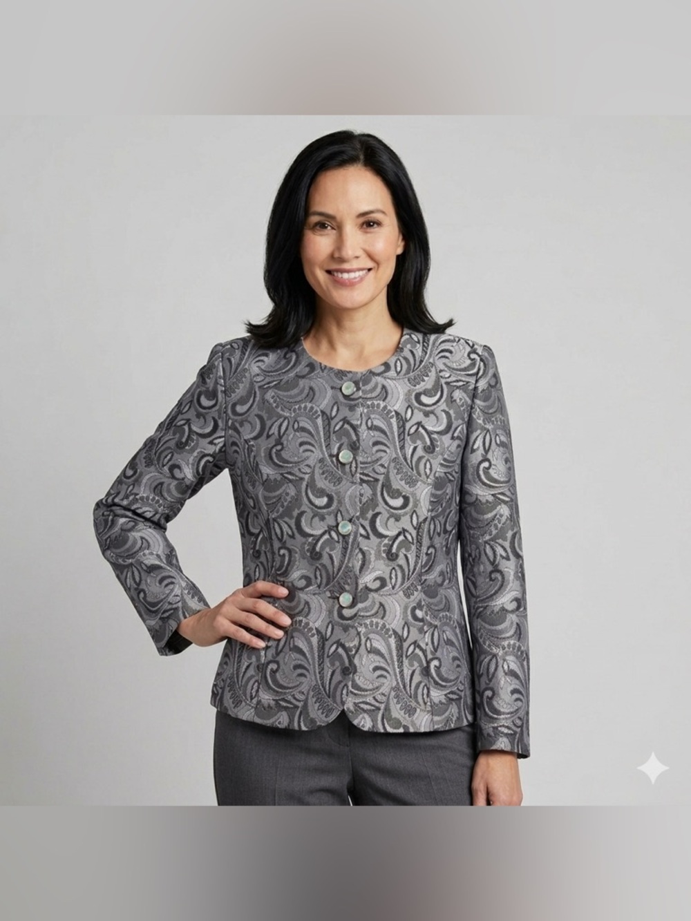 Tradition Metallic Paisley Collarless Blazer Silver Button Front Size 16